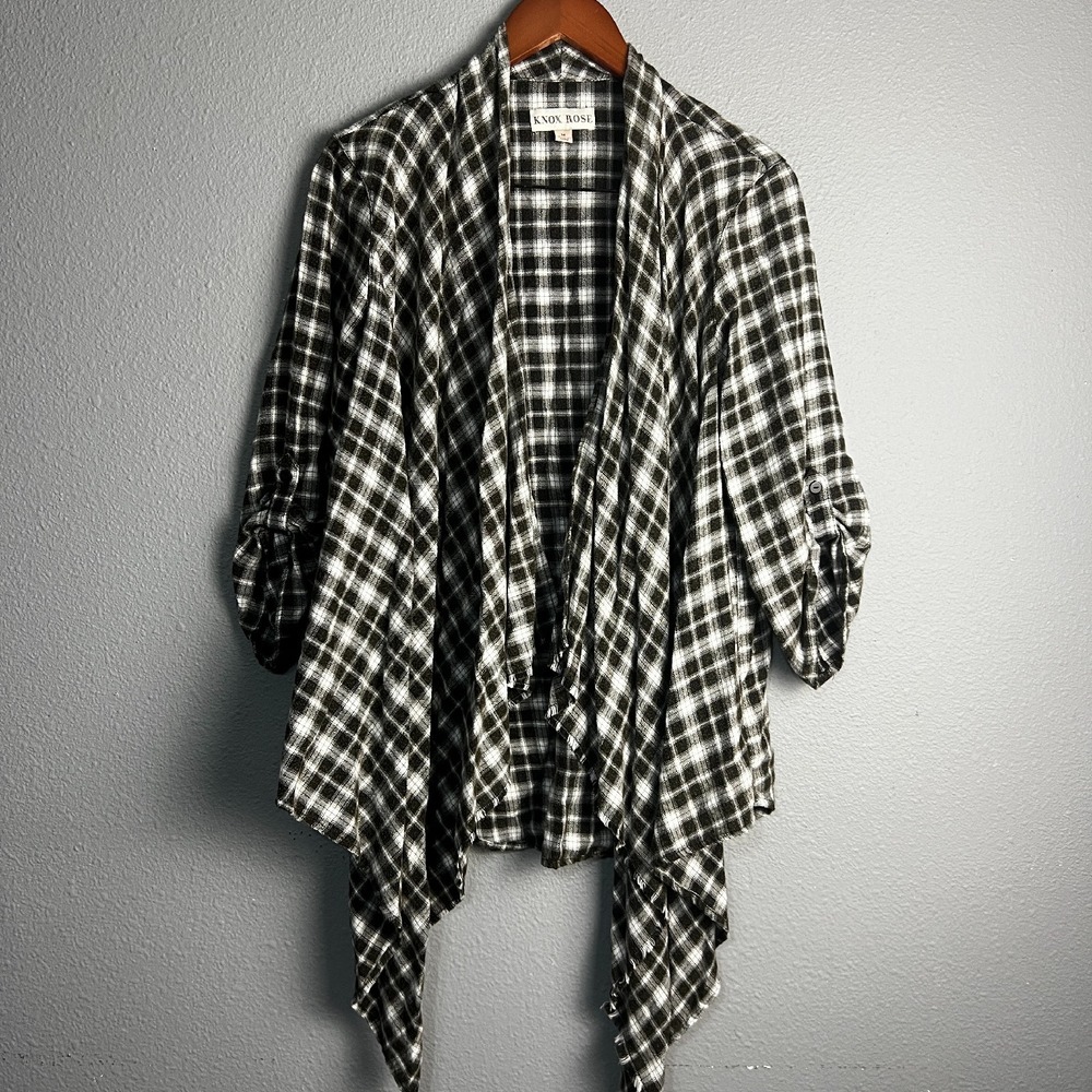 Knox Rose Brown Soft Plaid Cardigan Open Front Roll Tab Sleeve Casual Top Size M